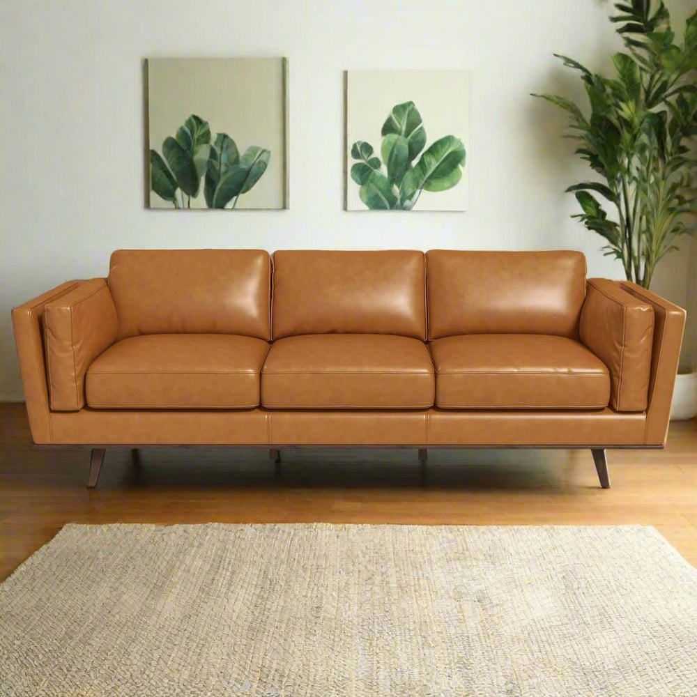 Chase Mid Century Modern Tan Genuine Leather Sofa Front