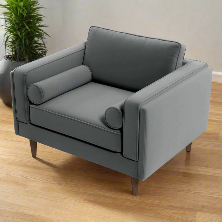 Grey Velvet Lounge Chair Left Angle View