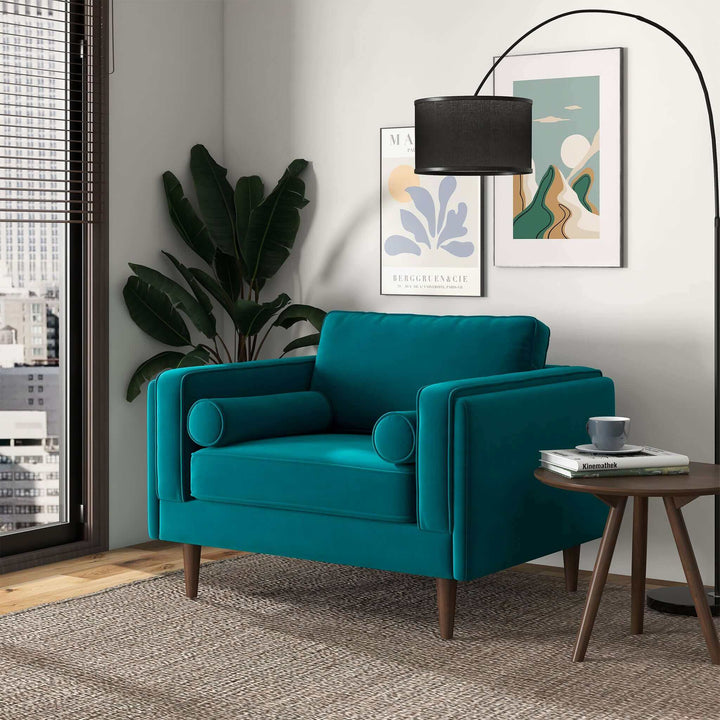 Amber Teal Velvet Lounge Chair Left Angle