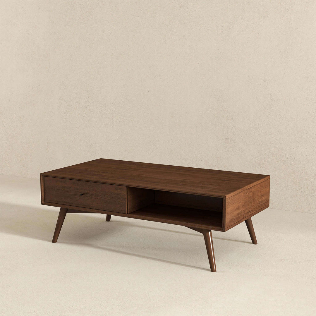 Caroline Walnut Coffee Table Left Angle Plain Background