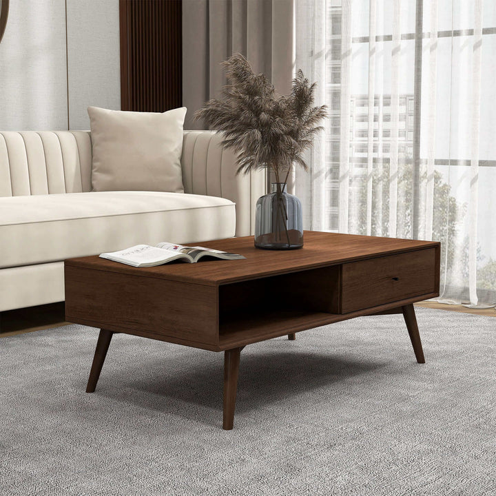 Caroline Walnut Coffee Table Right Angle in Room