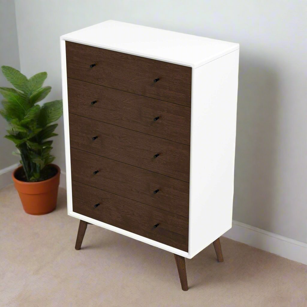 Caroline Mid Century Modern Solid Wood White Dresser 5-Drawer Left Angle View with Background