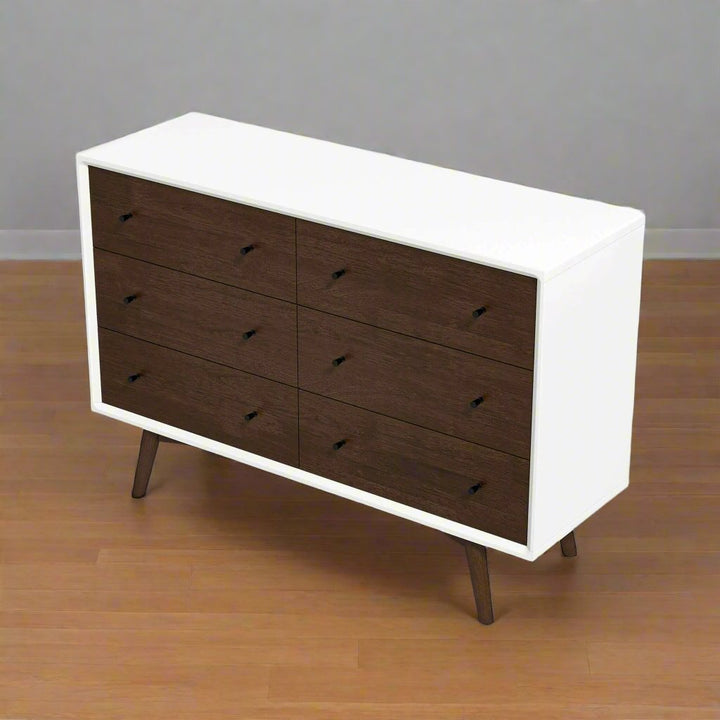 Mid Century Modern White Dresser 6 Drawer Left Angle View