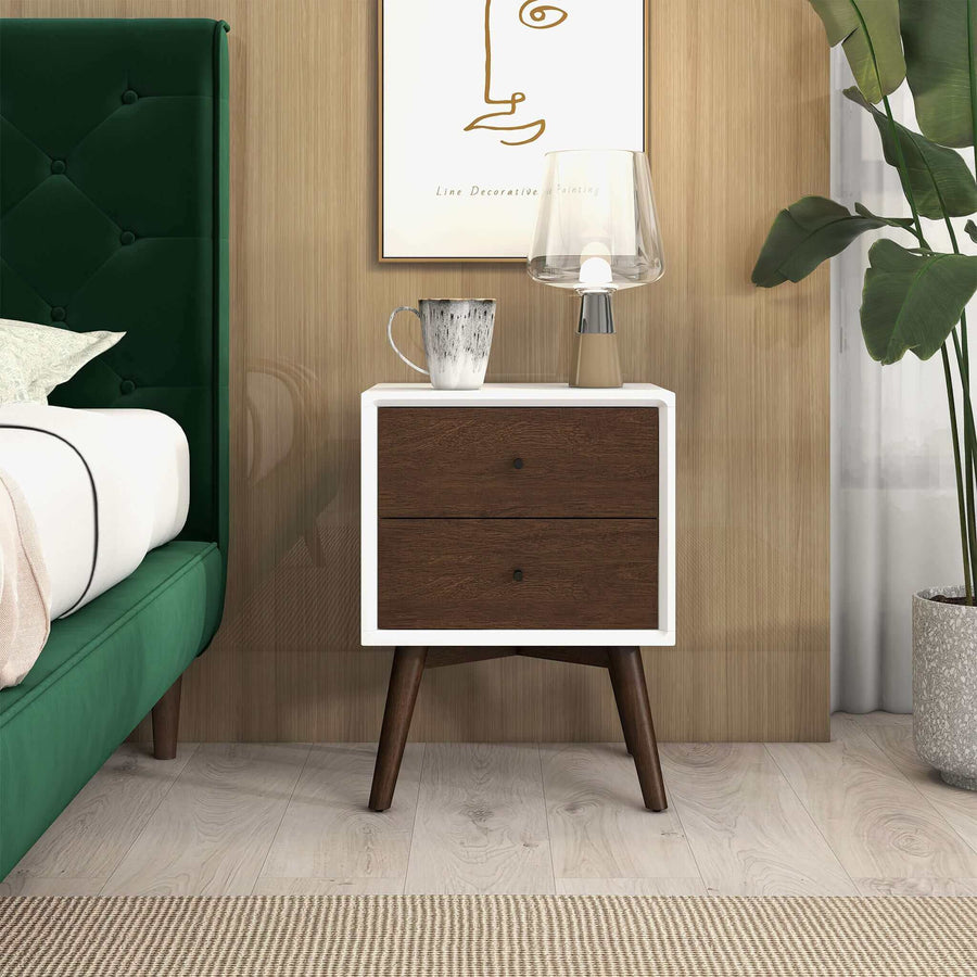 Caroline Mid Century Modern Style White Nightstand 2-Drawer