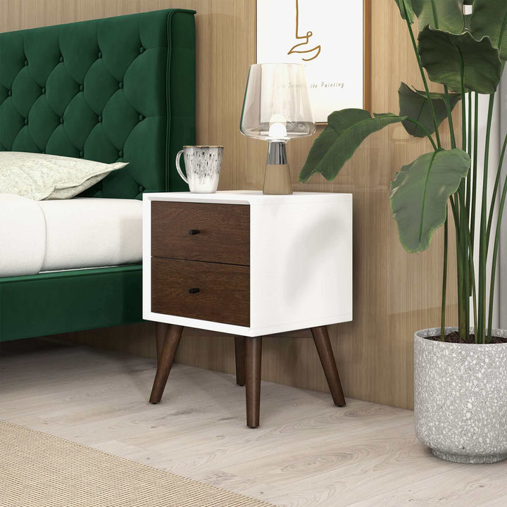 Caroline Mid Century Modern Style White Nightstand 2-Drawer Left Angle with Background