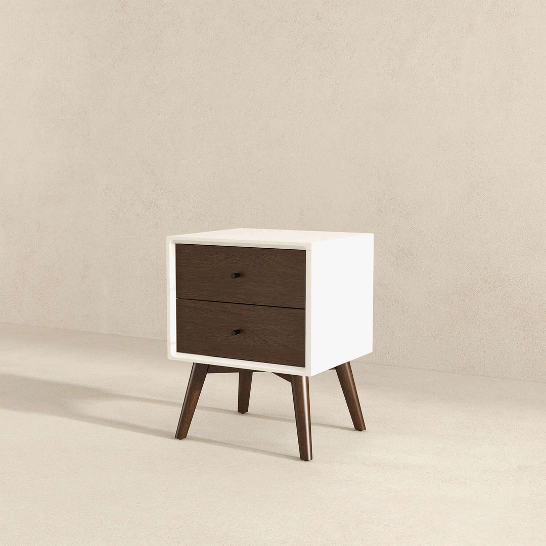 Caroline Mid Century Modern Style White Nightstand 2-Drawer Left Angle