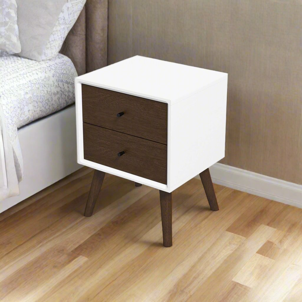 Caroline Mid Century Modern Style White Nightstand 2-Drawer Left Angle Image