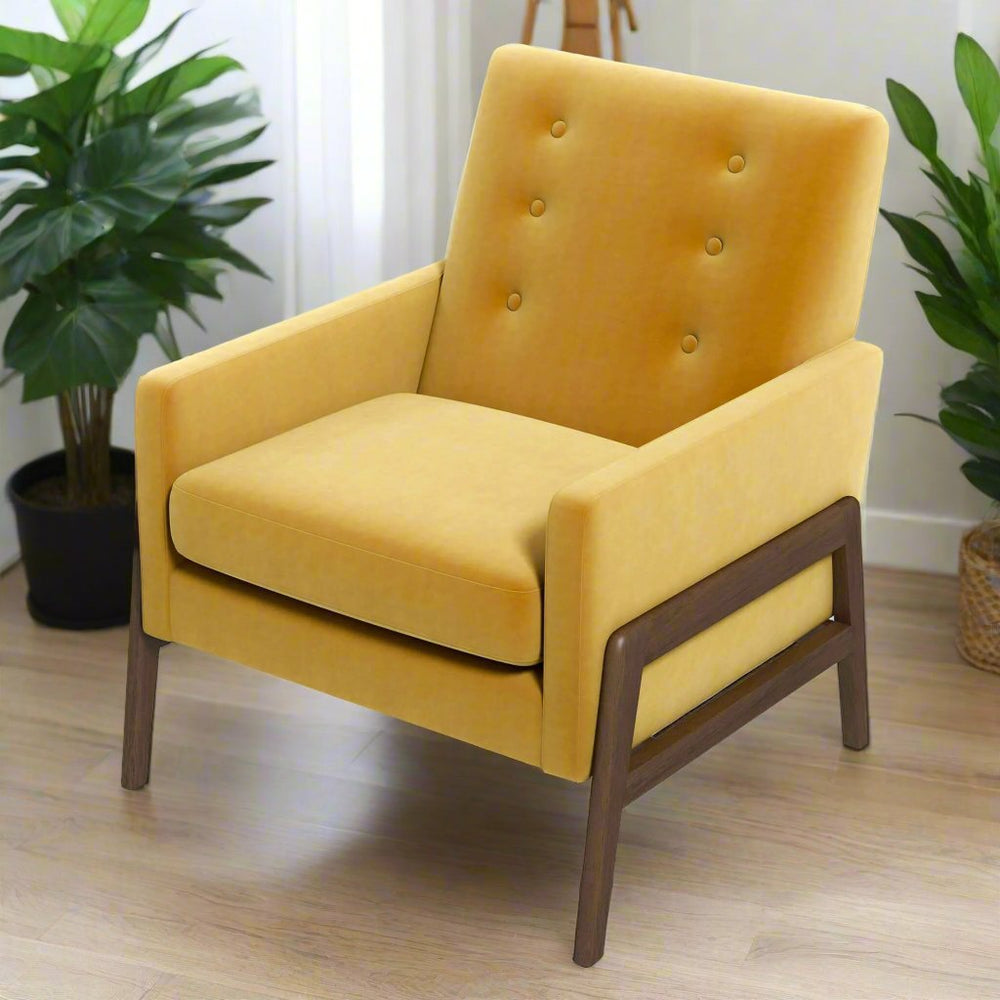 Cole Solid Wood Dark Yellow Velvet Lounge Chair Left Angle