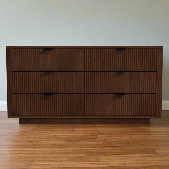 Lola Mid Century Modern Walnut Dresser With 6 Drawers Front Closer View