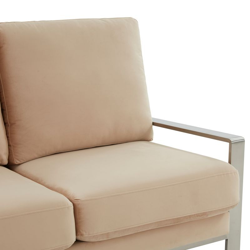 Leisuremod Jefferson Contemporary Modern Velvet Loveseat with Silver Frame Beige Closeup.