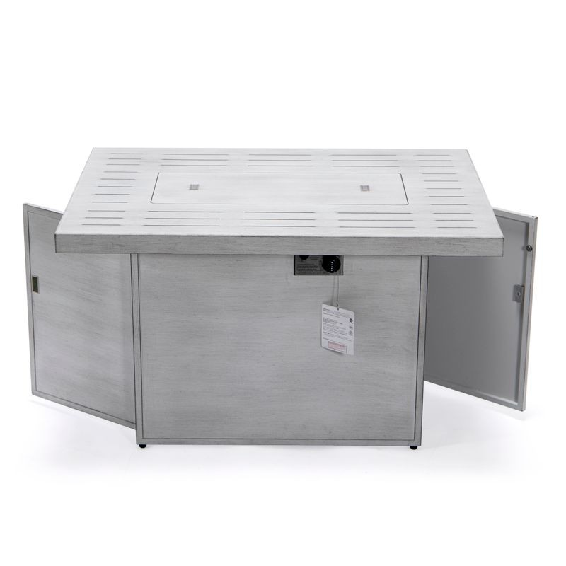 LeisureMod Chelsea Patio Modern Aluminum Propane Fire Pit Table Weathered Grey Opened Drawers.