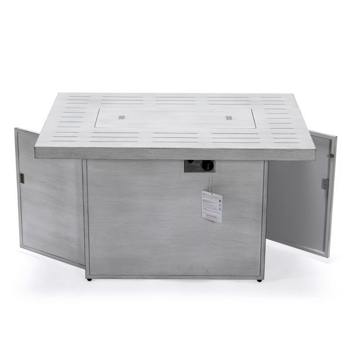 LeisureMod Chelsea Patio Modern Aluminum Propane Fire Pit Table Weathered Grey Opened Drawers.