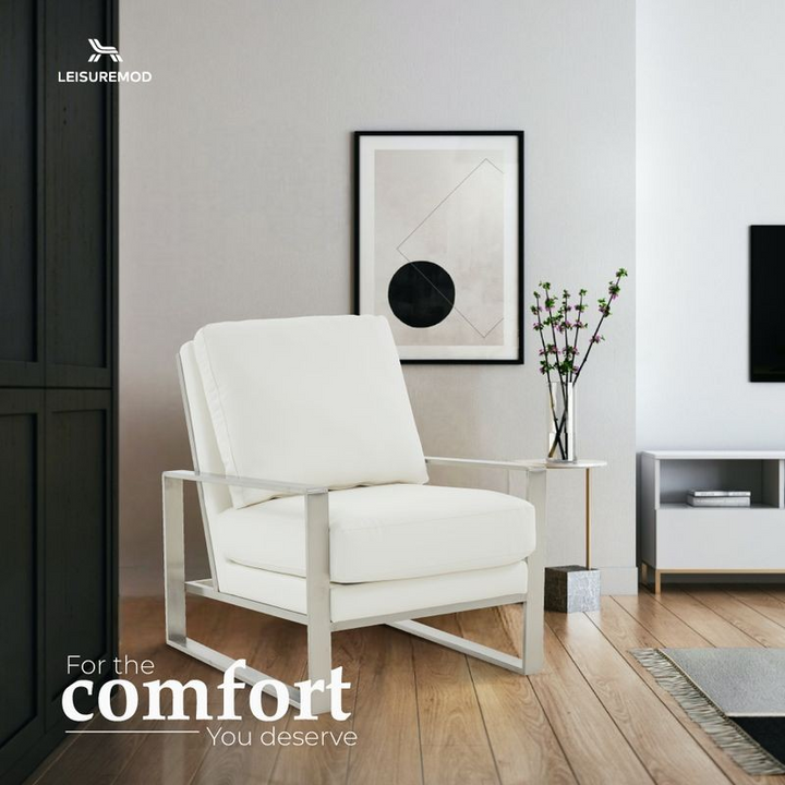 LeisureMod Jefferson Faux Leather Modern Design Accent Armchair with Elegant Silver Frame White Comfort.