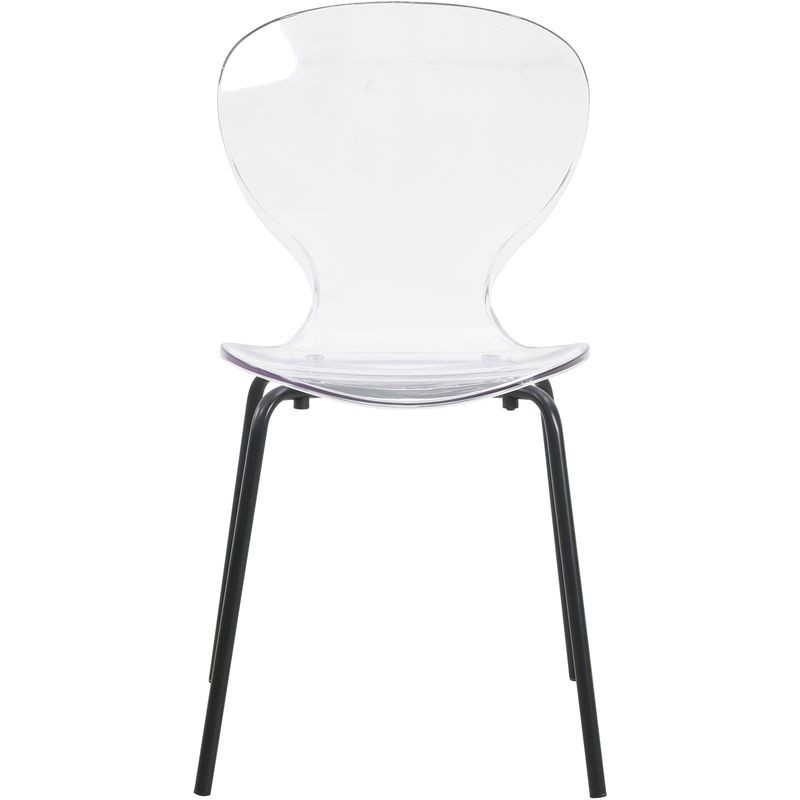 Clear chair with black legs on a white background.