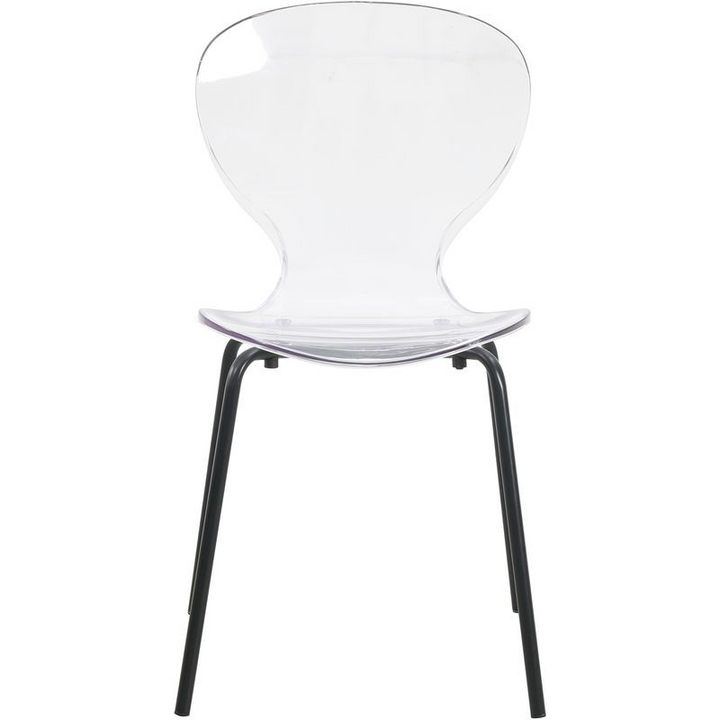Clear chair with black legs on a white background.