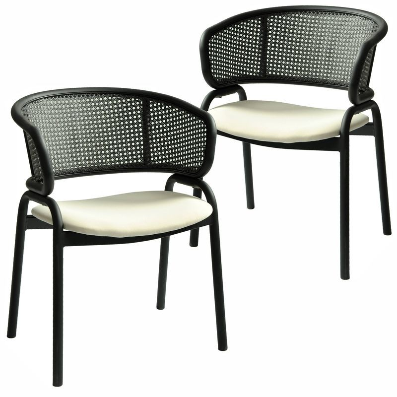 LeisureMod Ervilla Dining Armchair in Black Steel Frame with Black Wicker Back and Beige Seat Set of 2