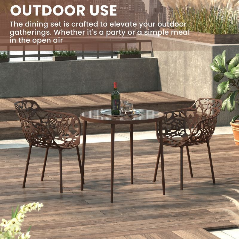 Outdoor dining set with table and chairs on a wooden deck, suitable for parties or meals in the open air.