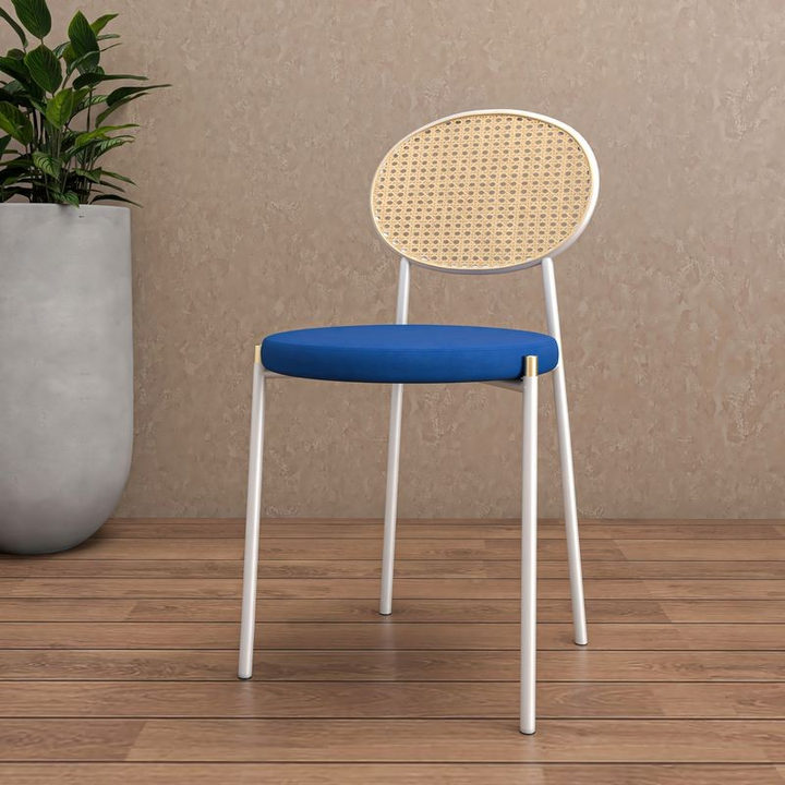 Chair with blue seat and wicker backrest on a wooden floor with a plant in the background.