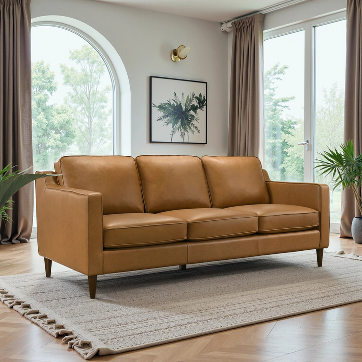 Cooper Mid Century Modern Tan Leather Sofa Image.