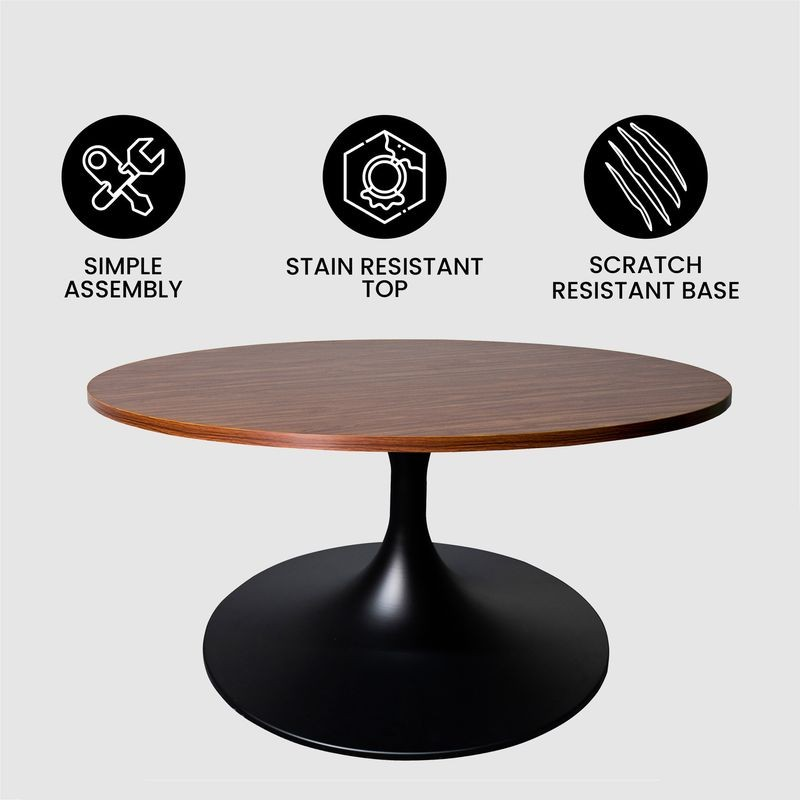 LeisureMod Verve Coffee Table Black base with 27" Round Brown Wood MDF Top Details.
