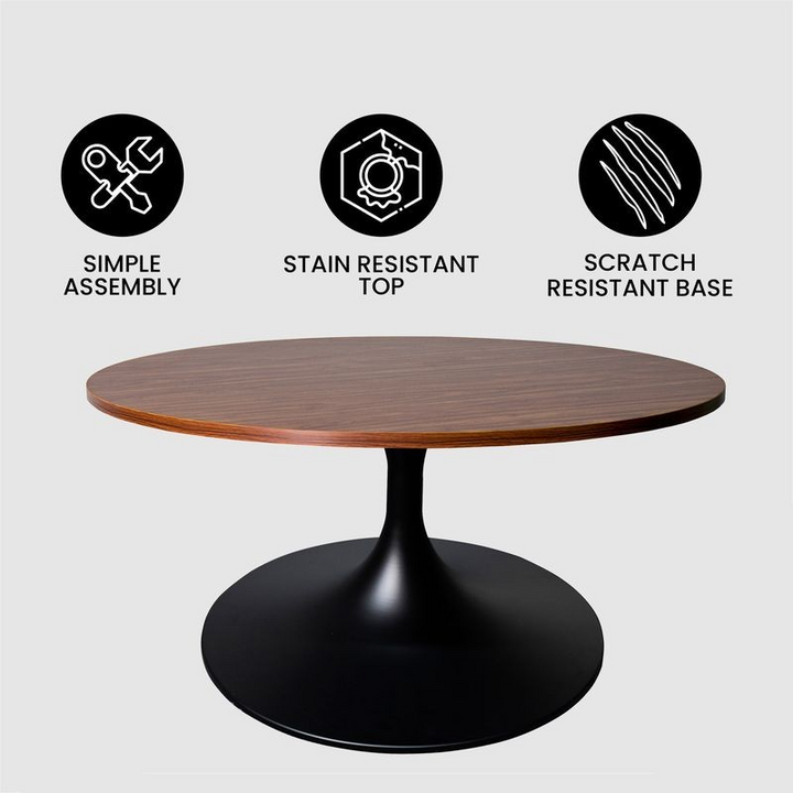 LeisureMod Verve Coffee Table Black base with 27" Round Brown Wood MDF Top Details.