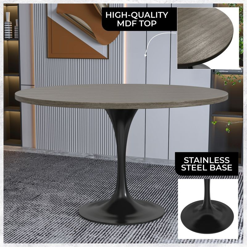 LeisureMod Verve Collection 48 Round Dining Table, Black Base with Dark Maple MDF Top Description.