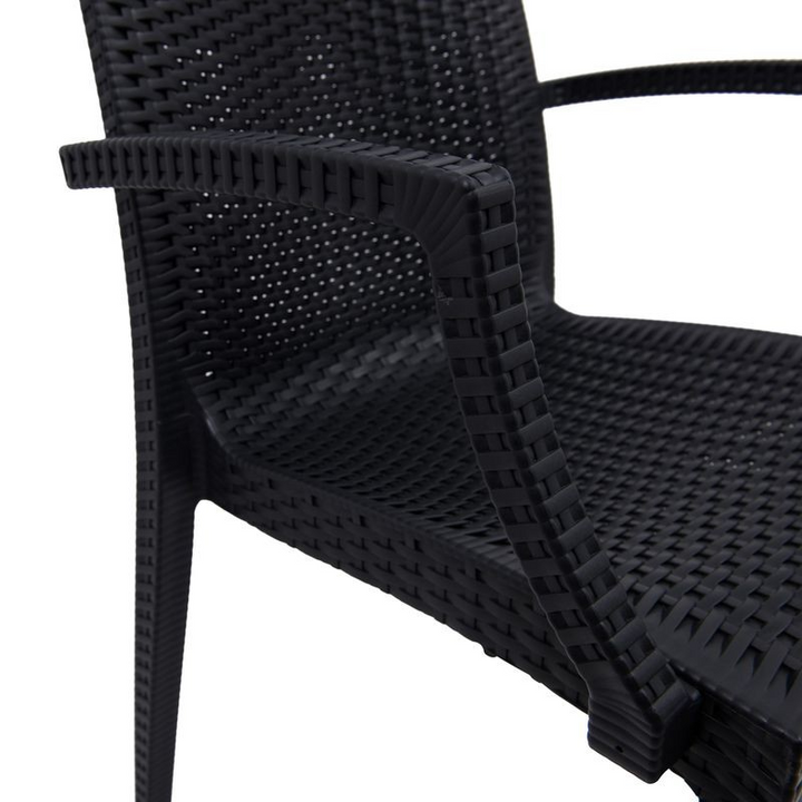 LeisureMod Weave Mace Indoor/Outdoor Chair (With Arms) Black Zoomed In.
