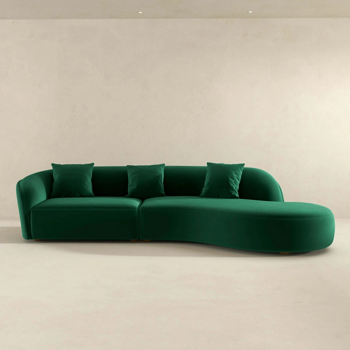 Elijah Dark Green Japandi Style Curvy Sectional Sofa 126" Front View.