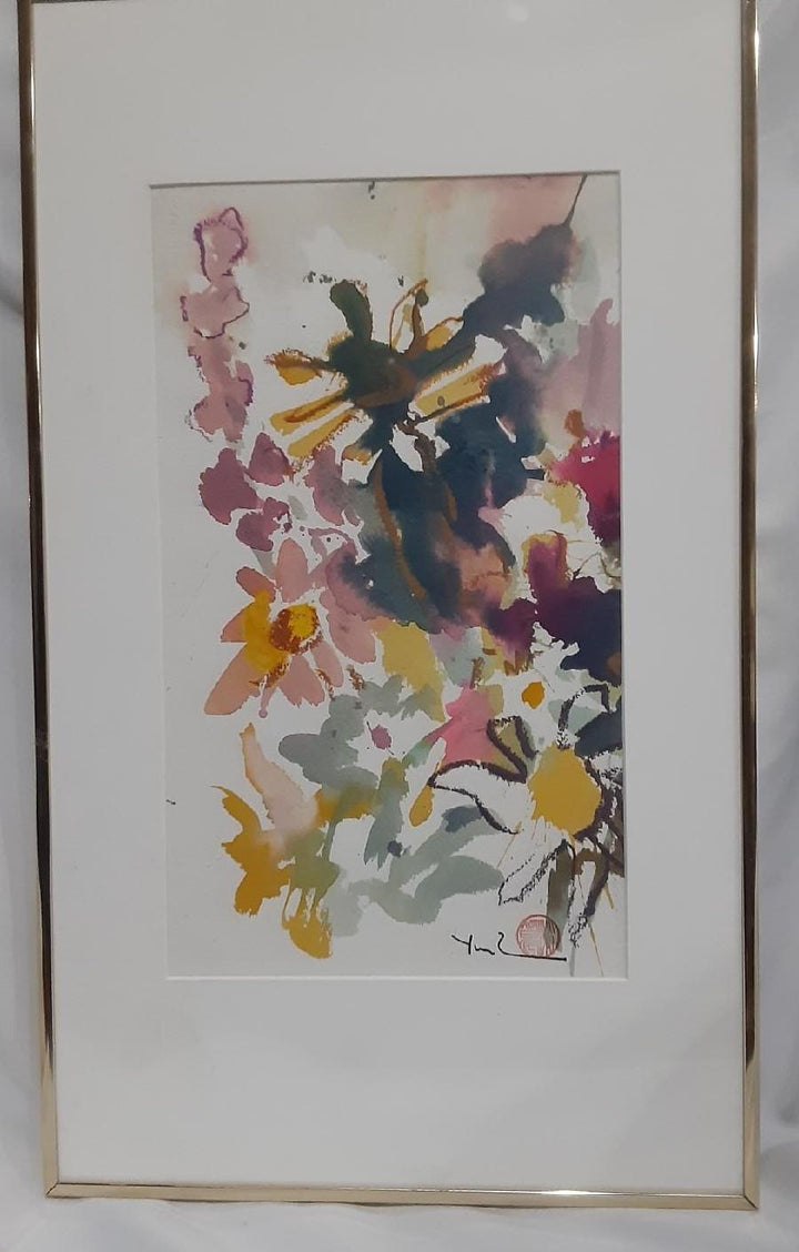 Beautiful Watercolor Chop Marked and Signed Flower Boquet Front Photo With Frame