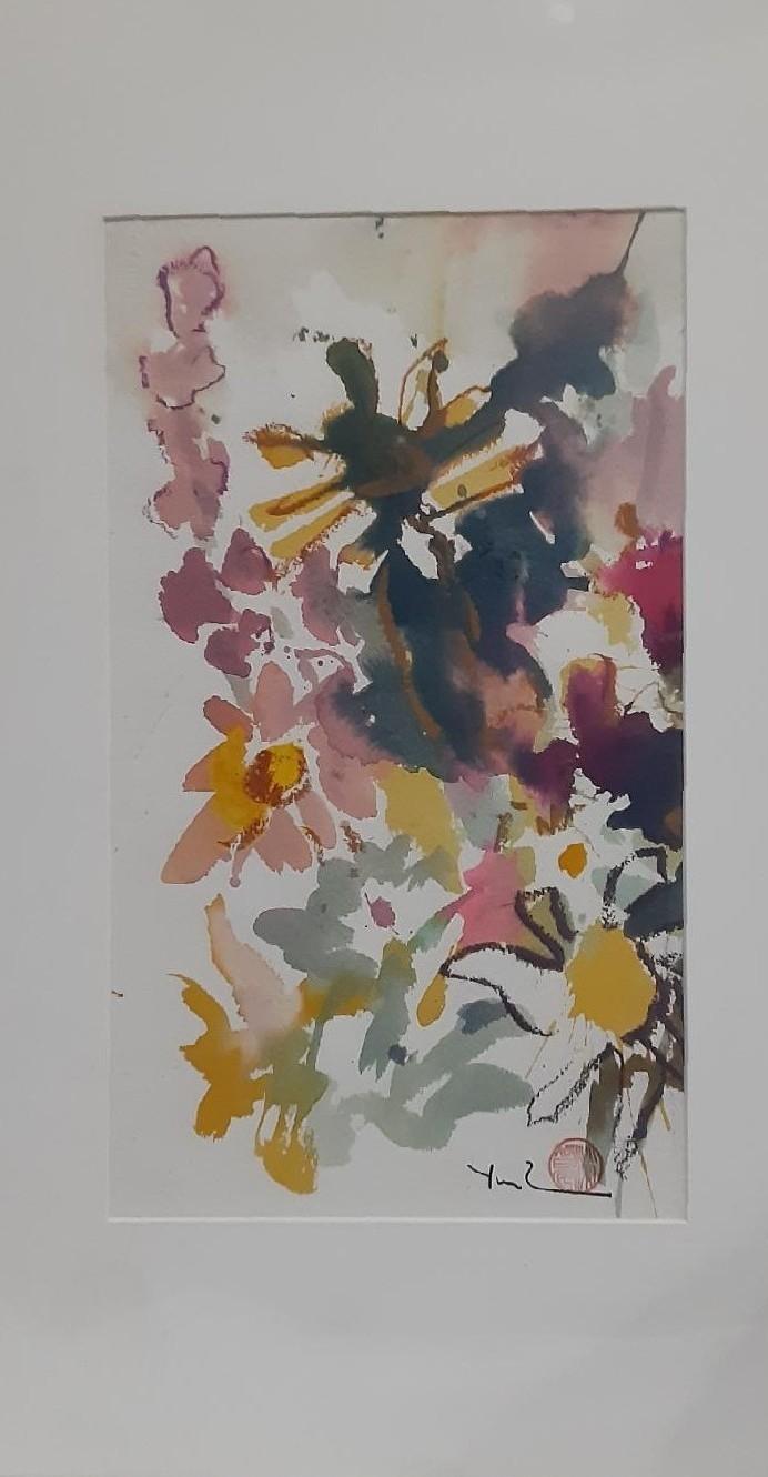 Beautiful Watercolor Chop Marked and Signed Flower Boquet Front Photo