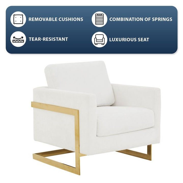 LeisureMod Lincoln Boucle Fabric Accent Armchair with Gold Stainless Steel Frame and Removable Back Cushion in White Image