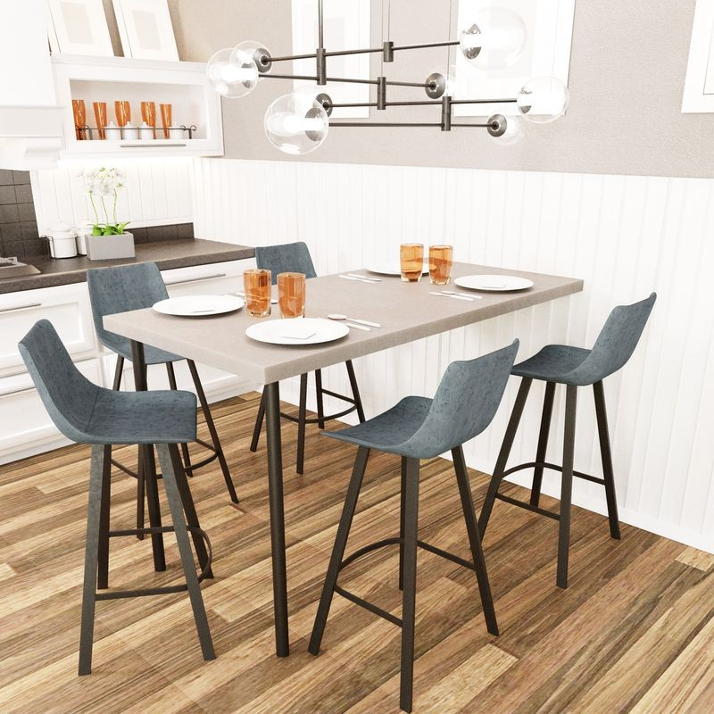 LeisureMod Elland Modern Upholstered Leather Bar Stool with Iron Legs and Footrest at Table.