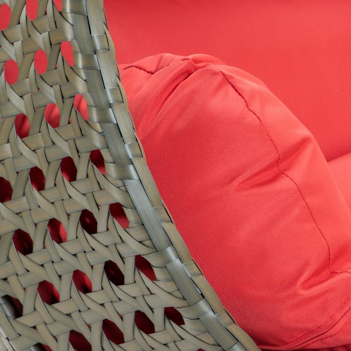 LeisureMod Beige Wicker Hanging 2 person Egg Swing Chair Red Closeup.