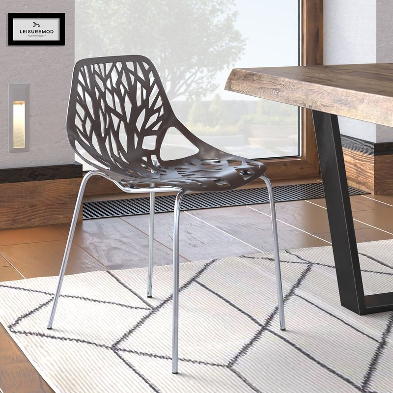 LeisureMod Modern Asbury Dining Chair w/ Chromed Legs Taupe at Table.