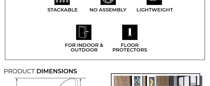 Product features and dimensions with icons and text on a white background.