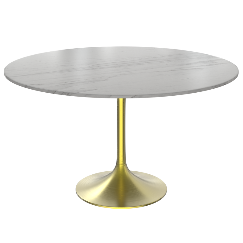 LeisureMod Verve Collection 48 Round Dining Table, Brushed Gold Base with Sintered Stone White Top