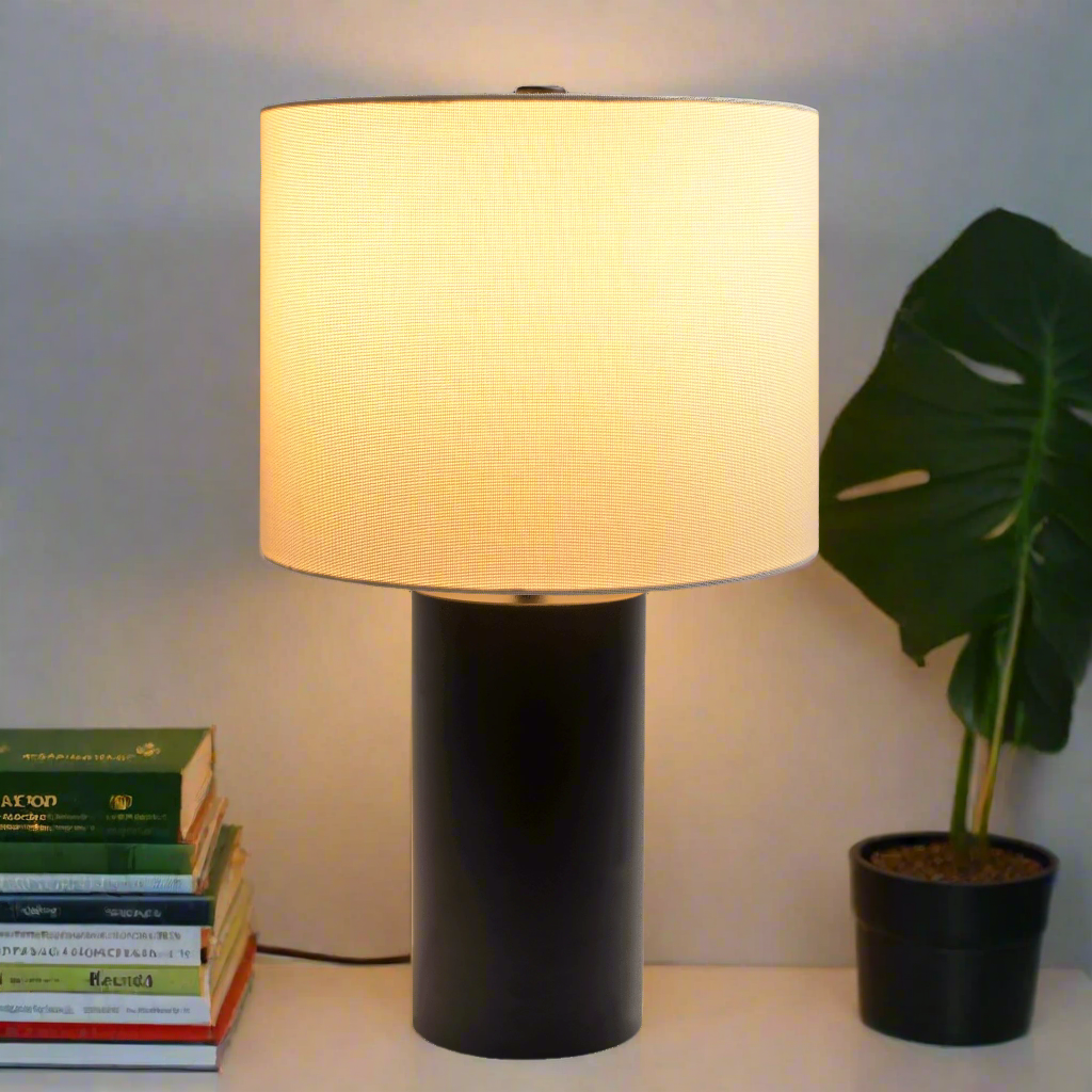 Aura Black Table Lamp with On/Off Switch Black Block Base Light On.