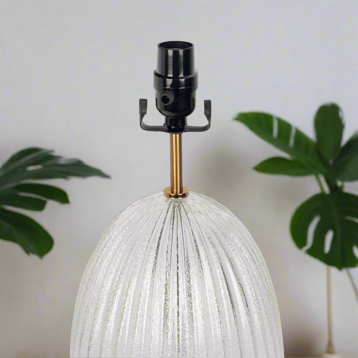 Aurora Ribbed Glass Lamp Base Clear Table Lamp Large Linen Shade Zoomed View without Shade.