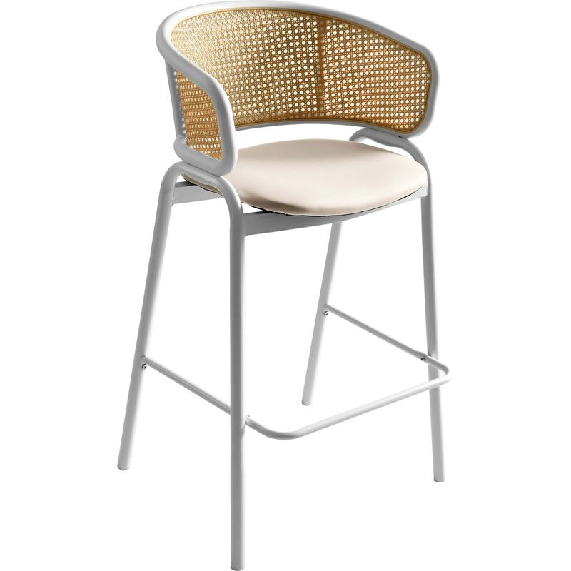 LeisureMod Ervilla Wicker Bar Stool with Fabric Seat and White Steel Frame in White Leather