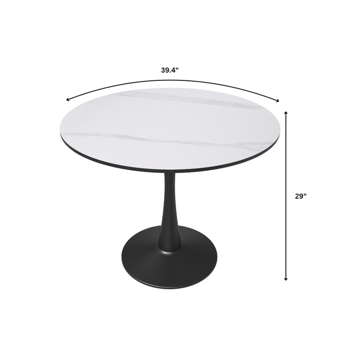 Leisuremod Bristol 40" round Dining Table Black Base with Marbled MDF Top White Dimensions.