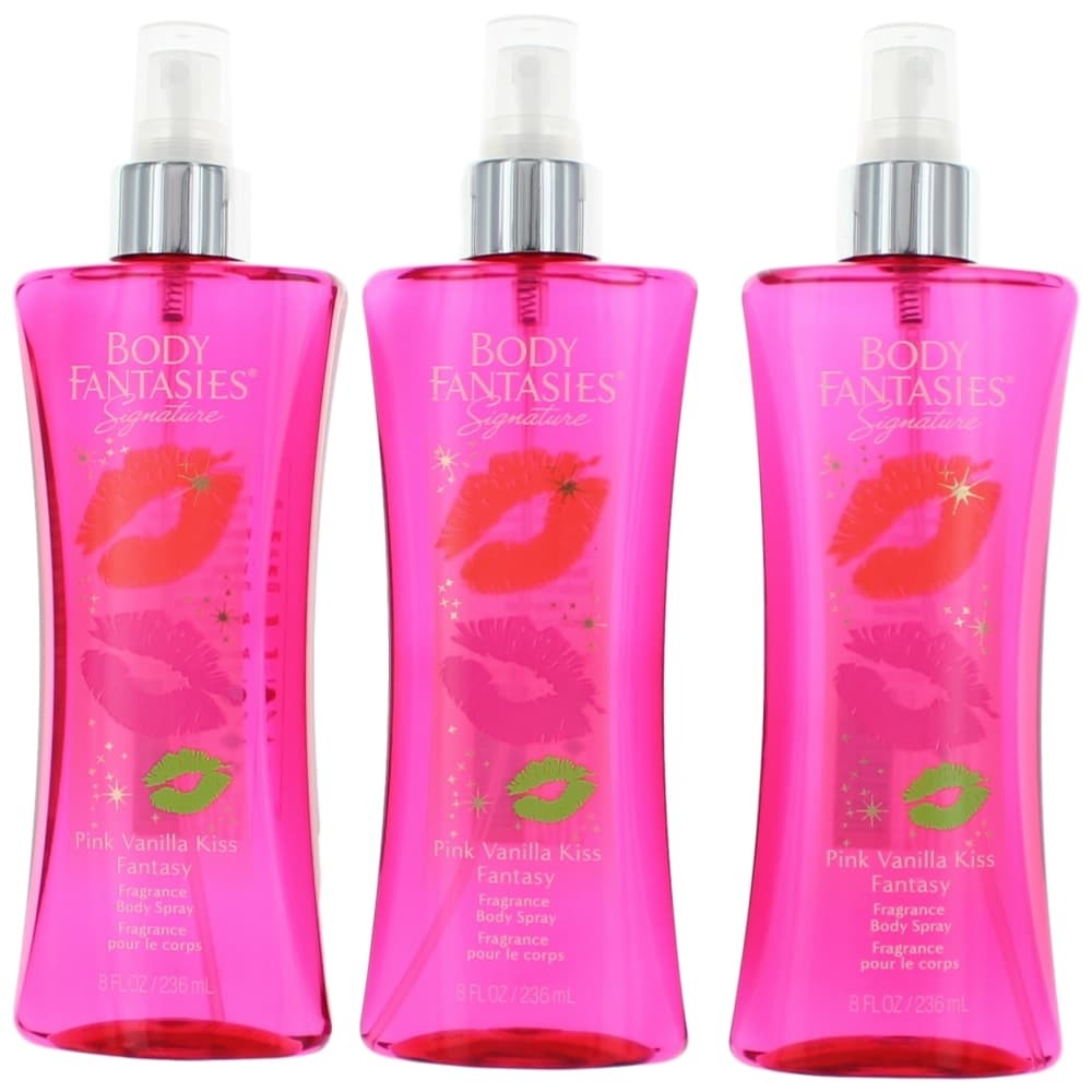 Pink Vanilla Kiss Fantasy by Body Fantasies, 3 Pack 8 oz. Fragrance Body Spray for Women