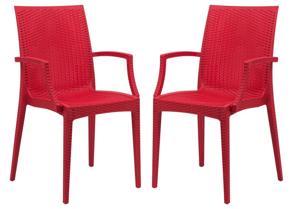 LeisureMod Weave Mace Indoor/Outdoor Chair (With Arms), Set of 2 Red