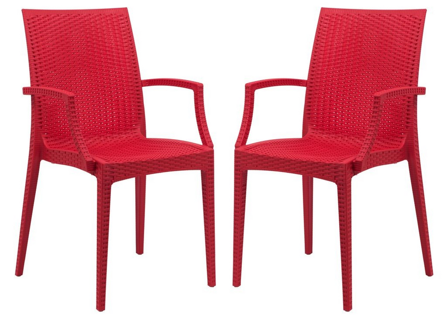 LeisureMod Weave Mace Indoor/Outdoor Chair (With Arms), Set of 2 Red