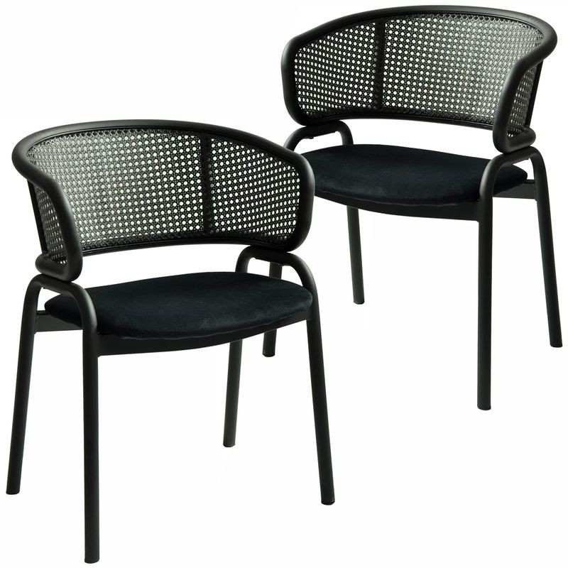 LeisureMod Ervilla Dining Armchair in Black Steel Frame with Black Wicker Back and Black Seat Set of 2