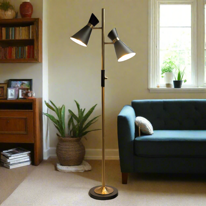 Axis Brass Gold Floor Lamp with 4-Way Switch Double Spots with Metal Base with Background.