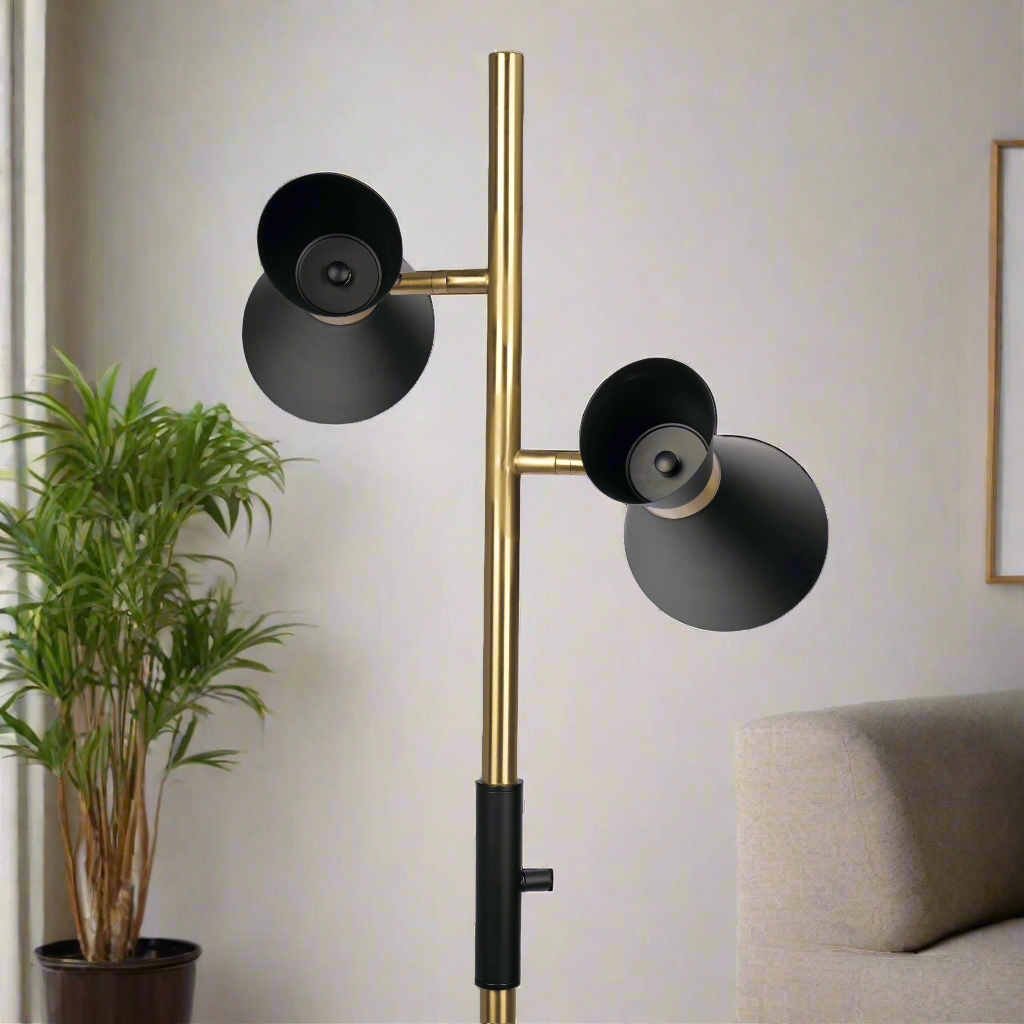 Axis Brass Gold Floor Lamp with 4-Way Switch Double Spots with Metal Base Closeup.