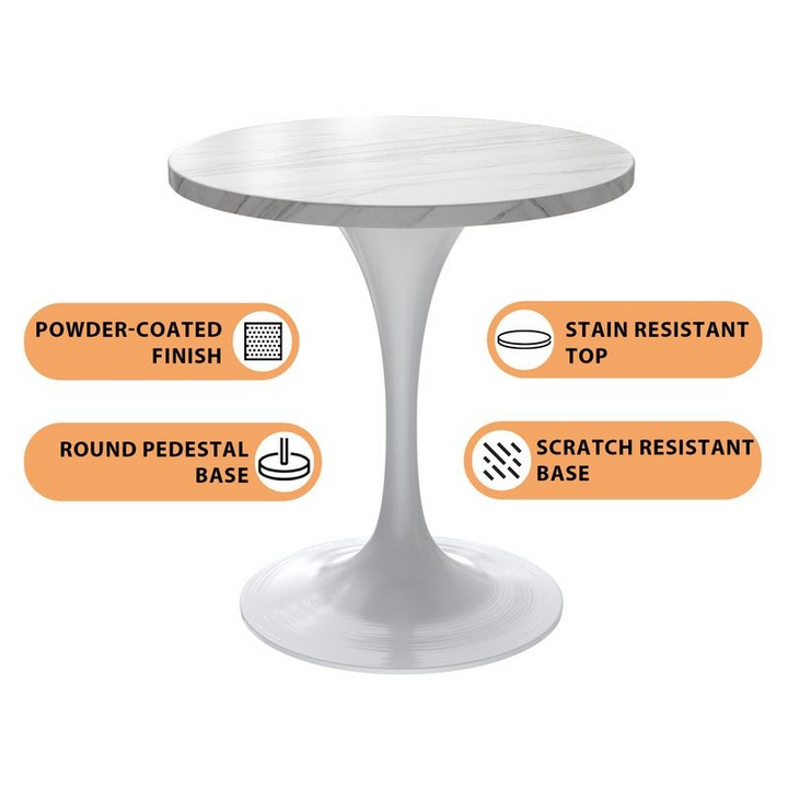 LeisureMod Verve Collection 27 Round Dining Table, White Base with Sintered Stone White Top Details.