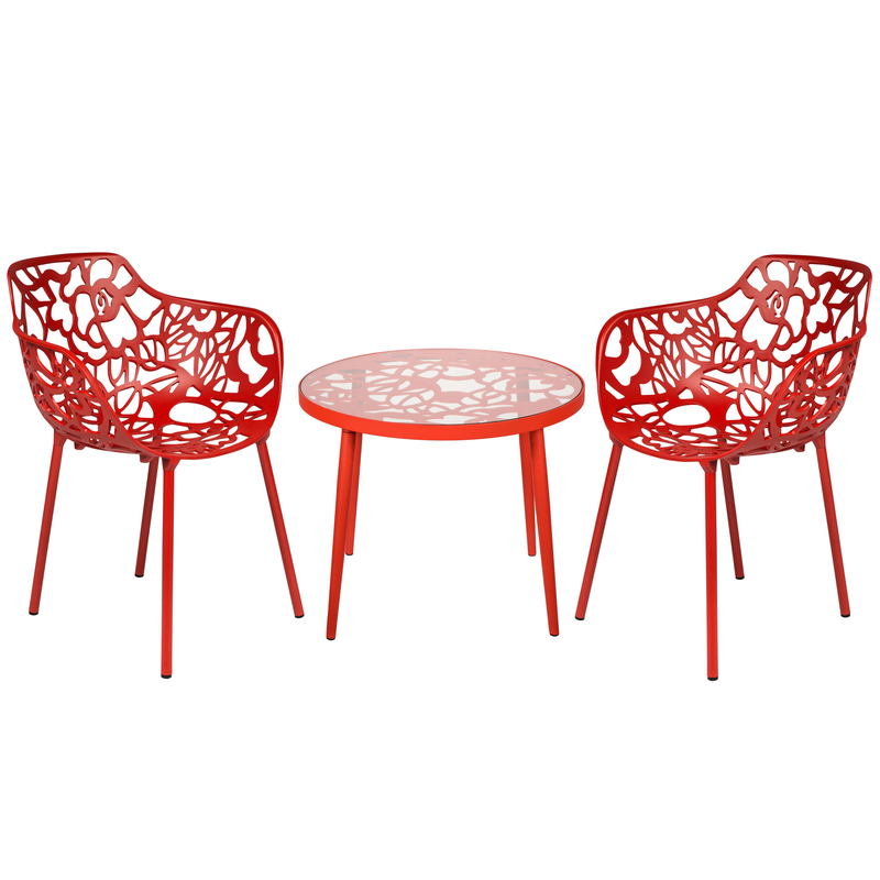LeisureMod Devon Mid-Century Modern 3-Piece Aluminum Outdoor Patio Dining Set with Tempered Glass Top Table and 2 Stackable Flower Design Armchairs Red
