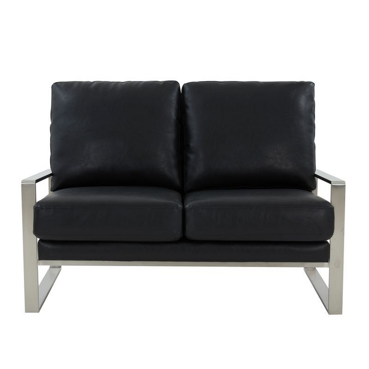 Leisuremod Jefferson Contemporary Modern Faux Leather Loveseat with Silver Frame Black Front View.