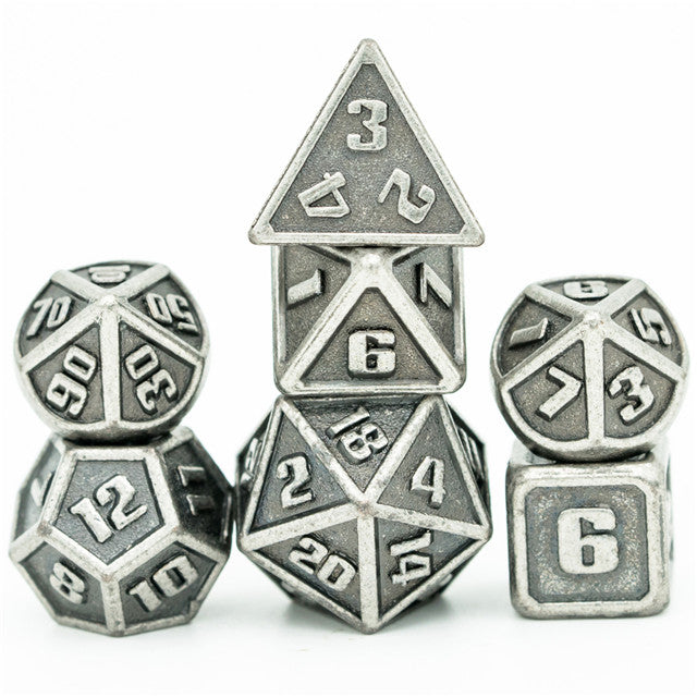 Silver Mini Metal Dice Ancient Effect | (10mm to 15mm) 7-Dice Udixi RPG